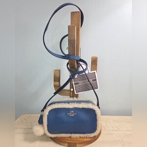 Coach Pebble Leather Shearling Double Zip Crossbody Bag,Blue EUC